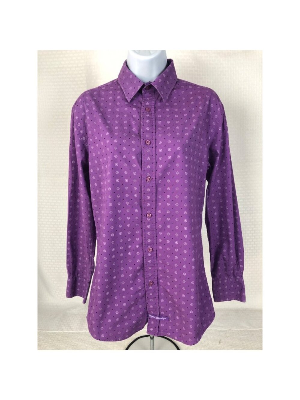 English Laundry Button Down Top Size S Dark Purple w Purple Flowers Long Sleeves